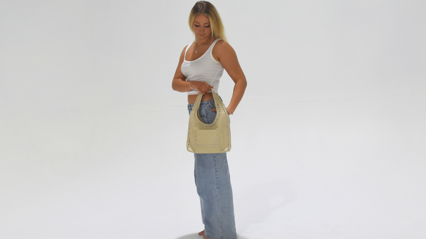 Nova Studded Bag Beige Leather