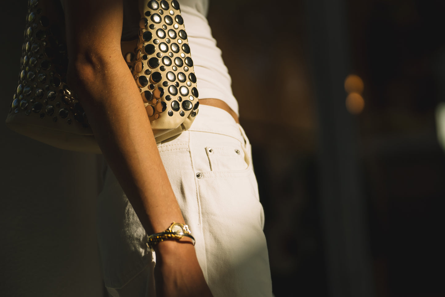 Onyx Studded Bag Cream Leather