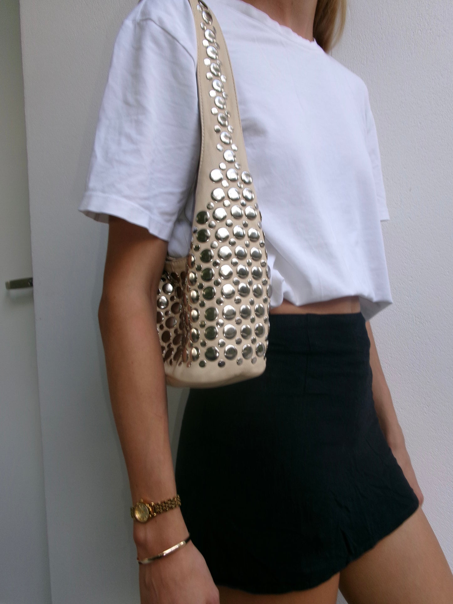 Onyx Studded Bag Cream Leather