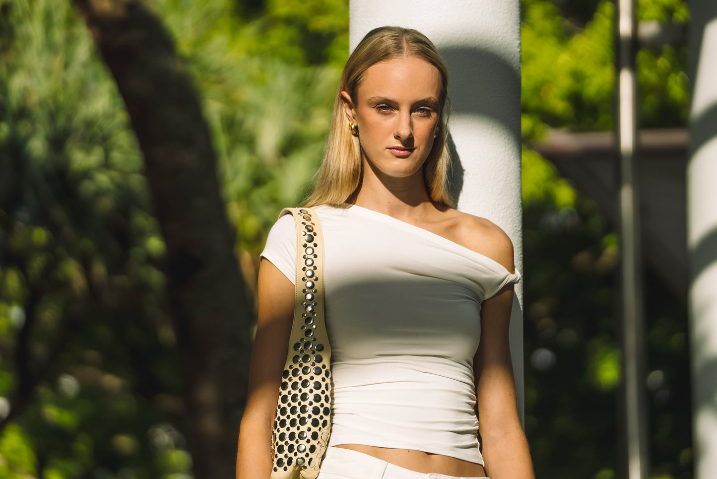 Onyx Studded Bag Cream Leather