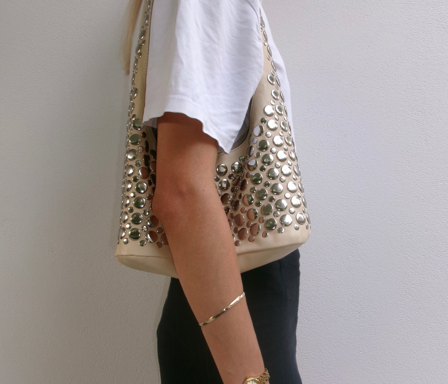Onyx Studded Bag Cream Leather